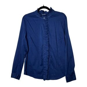 New York & Company Navy Blue Ruffle Front Cotton Blouse XL Long Sleeve Top‎